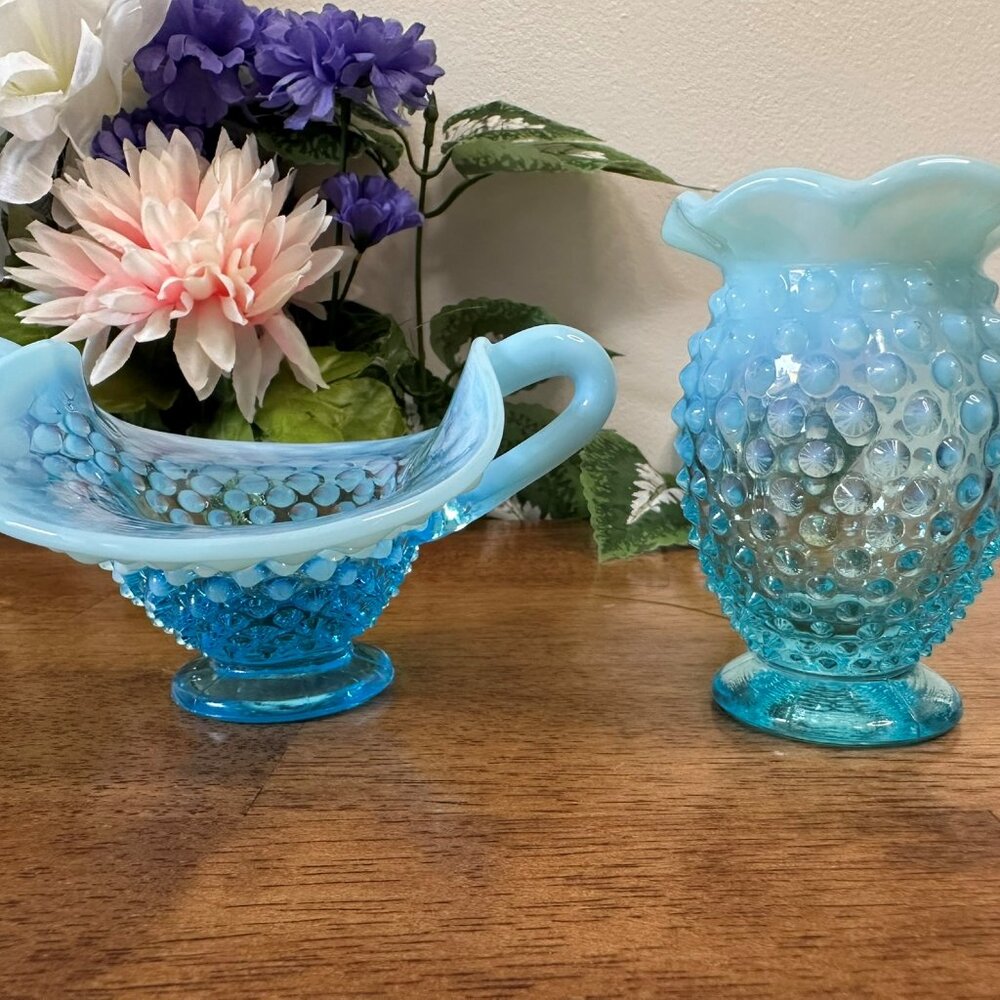 Fenton Blue Opalescent Hobnail Glass Bowl & Vase Set Vintage Ruffled Candy Dish